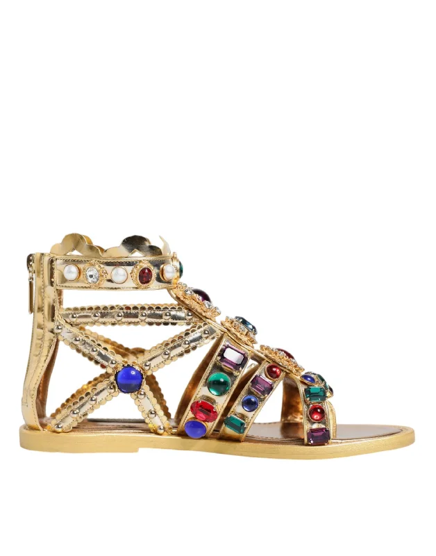 Dolce & Gabbana  Leather Crystal Gladiator Sandals Flats Women's Shoes (Pre-Owned)