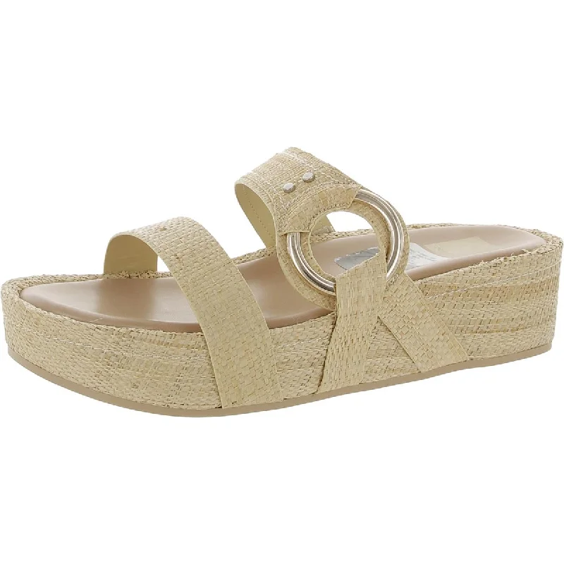 Dolce Vita Womens CICILY Leather Raffia Slide Sandals