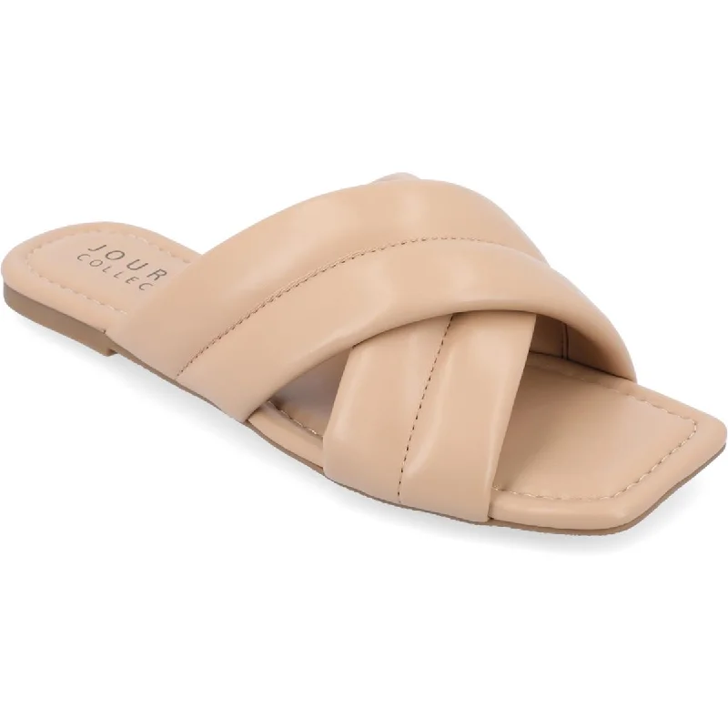 Journee Collection Womens Divyah Faux Leather Flat Slide Sandals