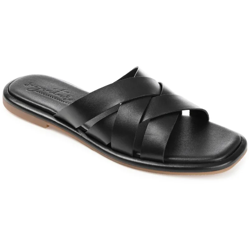 Journee Signature Womens Parker Leather Square Toe Slide Sandals