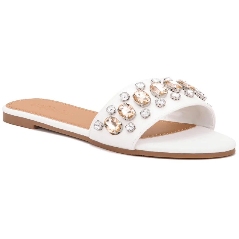 Olivia Miller Womens Elsa Faux Leather Rhinestone Slide Sandals