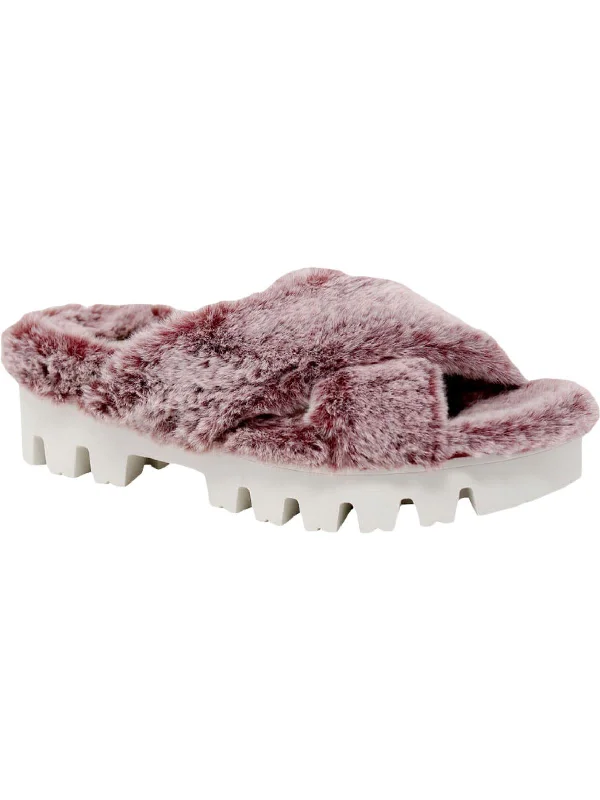 Zealous Womens Faux Fur Lugged Sole Flatform Sandals