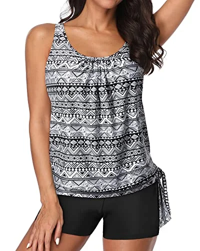 Women's 2 Piece Blouson Tankini Swimsuit Shorts For Tummy Control-Black Tribal