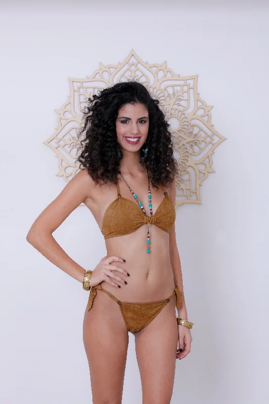 Suede Look Dark Camel Bikini Set For Women "BEADS"