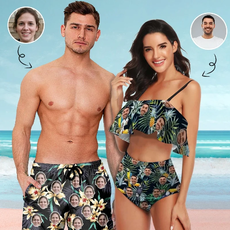 Custom Face Green Leaves Couple Matching Swimsuit Women's Bathing Suit & Men's Swim Shorts