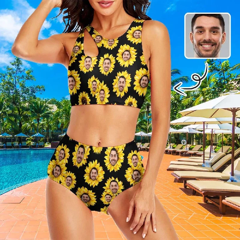 Custom Face Sunflower Cutout Top High Waisted Bikini Personalized Women's Two Piece Swimsuit