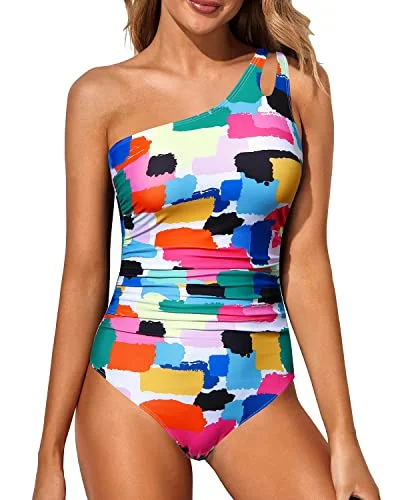 Full Coverage Modest One Shoulder One Piece Swimsuit For Women-Aqua