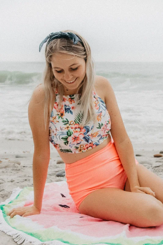 White Hawaiian Floral with Coral Pink Bottoms