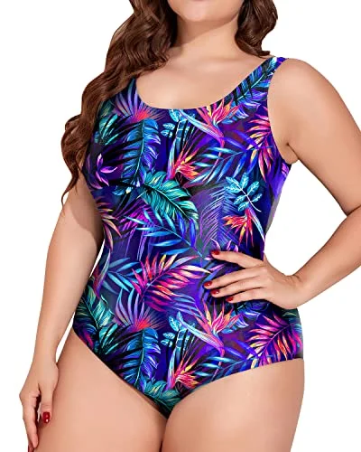 Slimming Plus Size Padded Push Up Bra One Piece Swimsuit-Blue Leaves