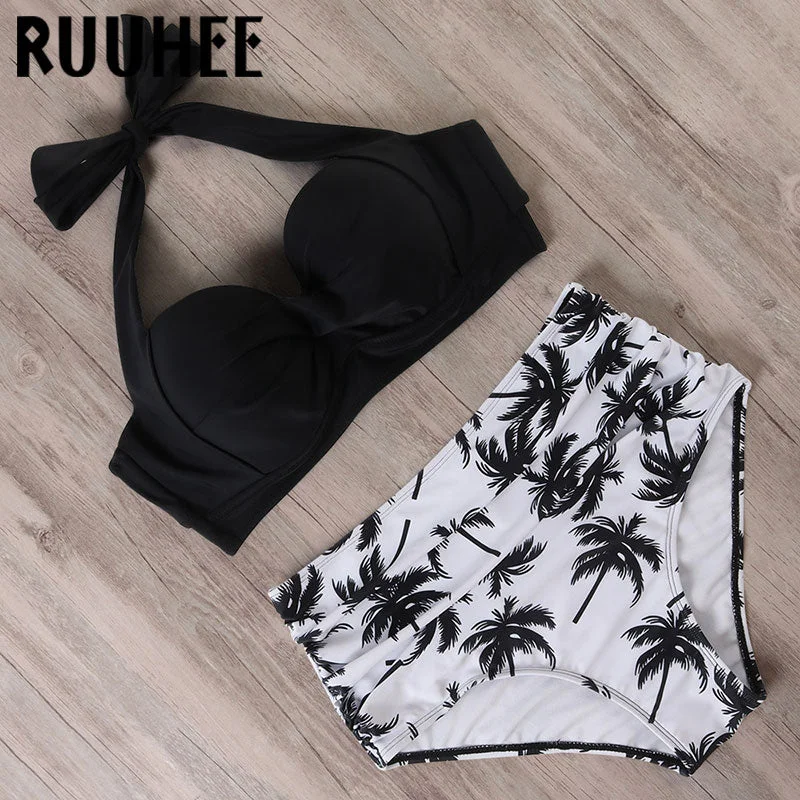 RUUHEE Halter TOP High Waist Bikini 2020 Women Bandage Swimwear Push UP Swimsuit Leopard Swimming Set Maillot De Bain Femme New