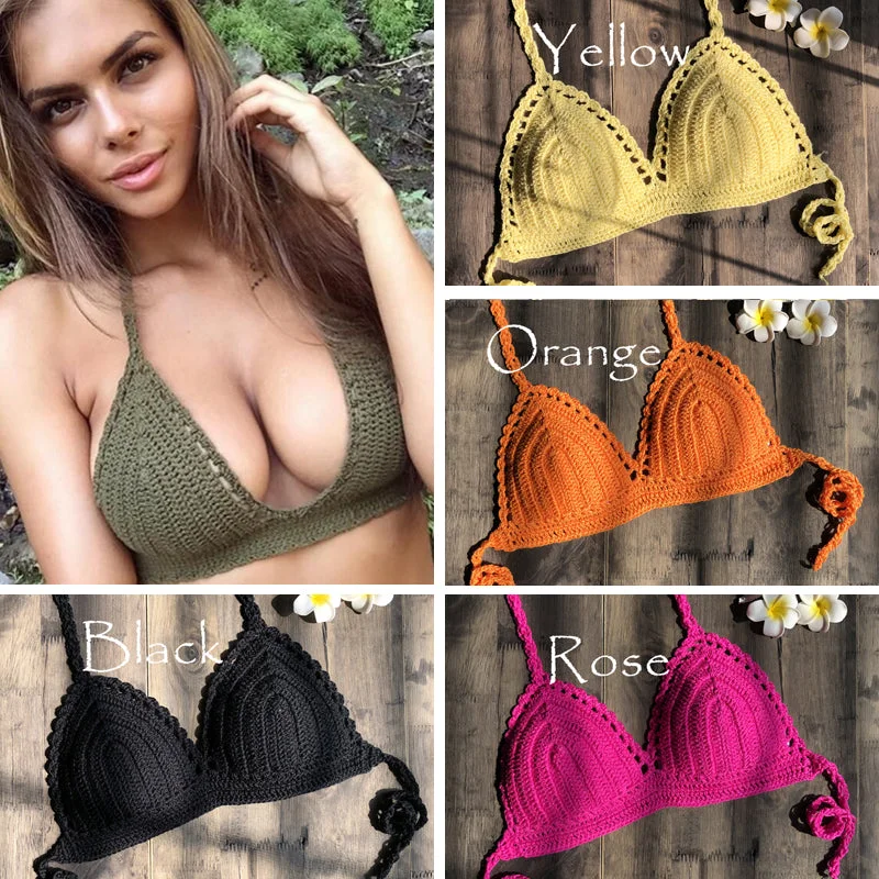 Solid Bikinis Mujer Swimsuit Crochet Red Bikini Top Knit Sexy Bikinis Women's Swimming Bra Large Female Swimwear S - XL 2019 New