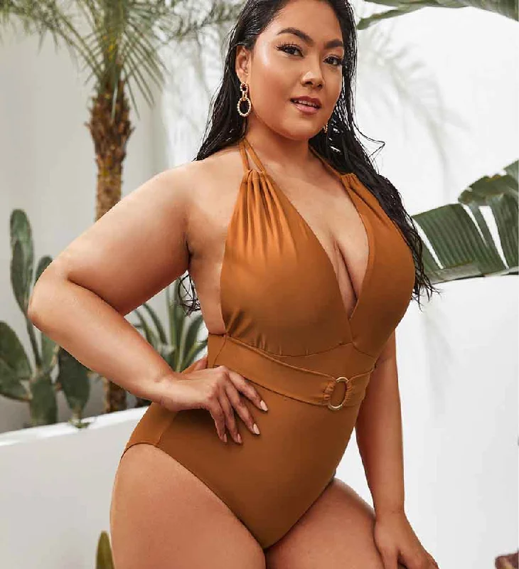 Upopby Solid Halter One-piece Swimsuit Plus Size