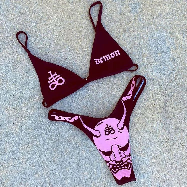 Upopby Japanese Reaper Skull Print Bikini Set