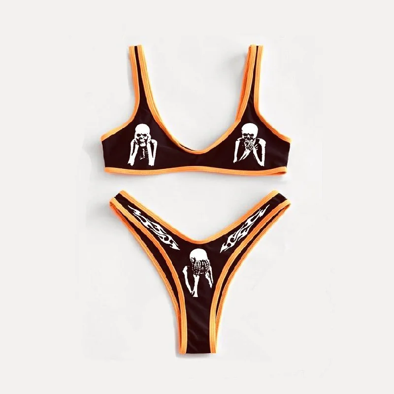 Upopby Orange Skull Reaper Print Bikini Set