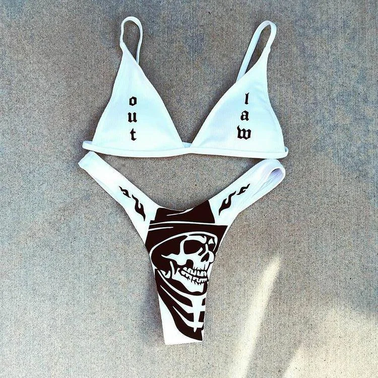 Upopby Reaper Skull Letter Print White Bikini Micro Thong Bikini