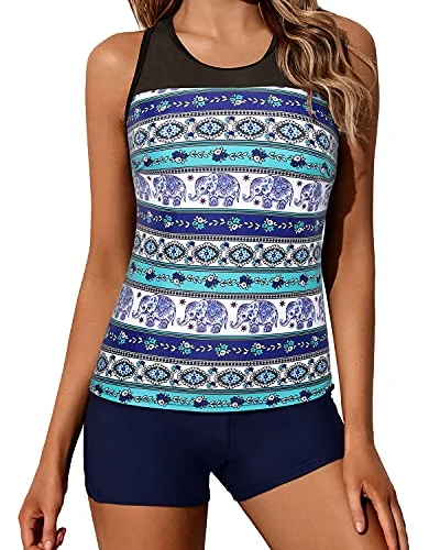 Modest Mesh Patchwork Tankini Bathing Suit Tops For Women Shorts-Navy Blue Tribal