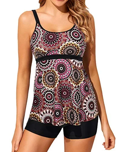 Two Piece Tankini Bathing Suits For Women Swimwear Boy Shorts-Brown Print