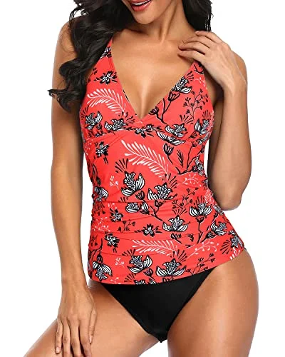 Flattering V Neck Tankini Set Swimsuits For Women-Red Floral