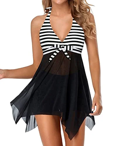 Asymmetrical V Neck Swimdress With Tummy Control Boy Shorts-Black And White Stripe