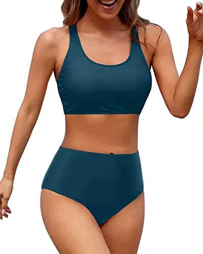 Women's High Cut Athletic Bikini Bottom For Long Torso-Teal