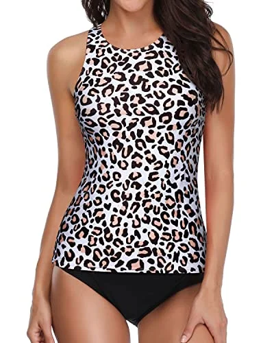 Deep Scoop Back Tankini Swimsuits For Women-Black And Leopard