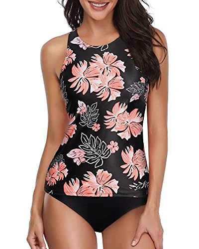 Modest Tummy Control 2 Piece Bathing Suit-Black Orange Floral