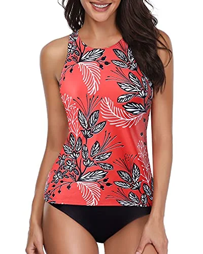 Tummy Control Long Torso Tankini Swimsuits For Women-Red Floral