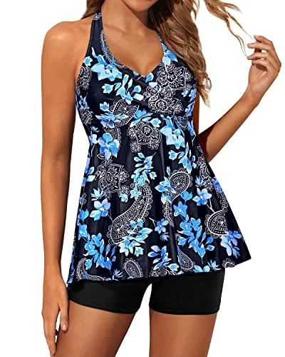 Two Piece Halter Neck Tankini Bathing Suits For Women Shorts-Black Floral