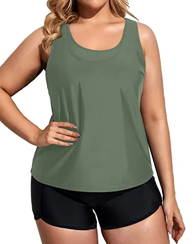 Scoop Neck Plus Size 3 Piece Tankini Set With Sports Bra & Boy Shorts For Women-Army Green And Black