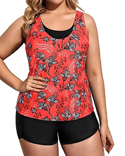 Sporty Plus Size Bathing Suits For Women With High Waisted Boy Shorts-Floral And Black