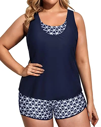 High Waisted Boy Shorts And Plus Size Sport Bra 3 Piece Swimsuits-Navy Blue Tribal