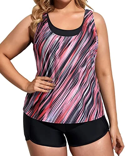 Adjustable Straps Plus Size Sport Bra With Boy Shorts Tankini Swimsuits-Pink Stripe