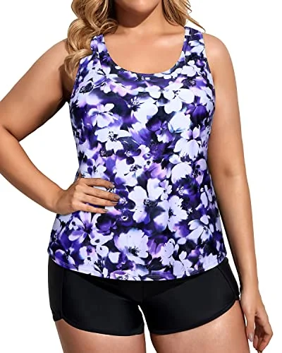 Tummy Control Effect Plus Size 3 Piece Tankini Swimsuits With Boy Shorts-Purple Flowers