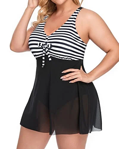 Plus Size Tummy Control Swimsuit For Women Swimdress-Black And White Stripe