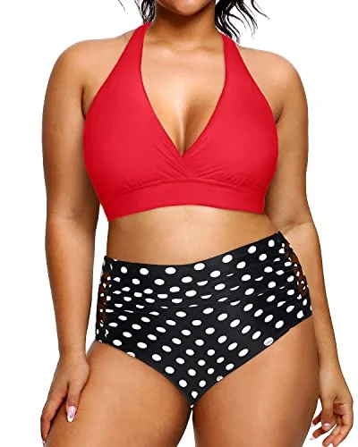 High Waisted Two Piece Plus Size Halter Bikini Swimsuits For Curvy Women-Red Dot