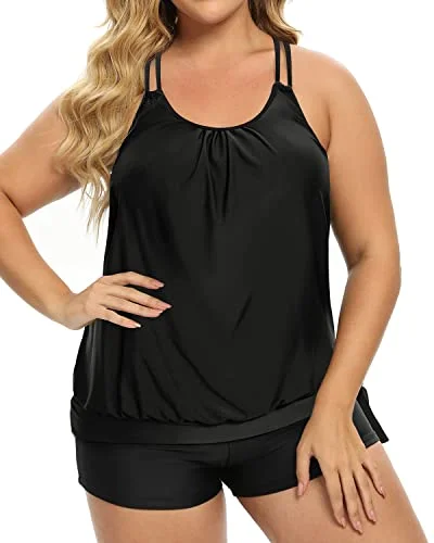 Women Plus Size Two Piece Tankini Swimsuit Criss Cross Back Bathing Suits-Black