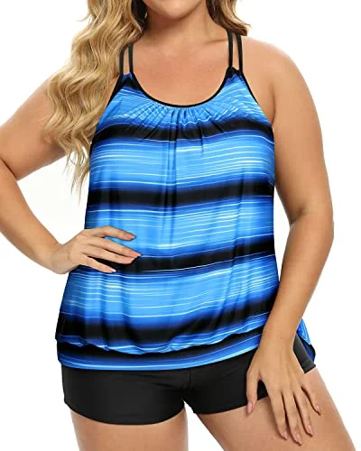 Women Plus Size Two Piece Tankini Swimsuit Tummy Control Bathing Suits-Blue And Black Stripe