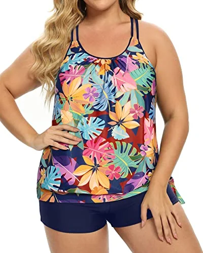 Full Coverage Plus Size Two Piece Tankini Swimsuit Tummy Control Bathing Suits-Blue Leaves