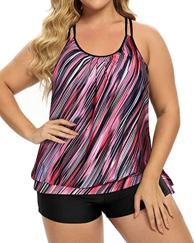 Plus Size Two Piece Tankini Swimsuit For Tummy Control-Pink Stripe