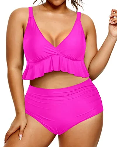 Plus Size Two Piece Bikini Set Tummy Control Ruffle Swimsuits For Women-Neon Pink