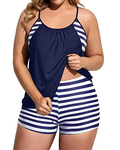 Deep Cut Tankini Set With Push Up Top And Boyshorts For Plus Size Women-Blue Stripe