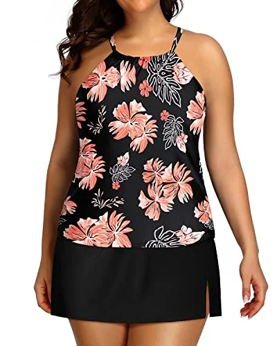 Women's Two Piece Plus Size Tankini Tummy Control High Neck Swimsuits-Black Orange Floral