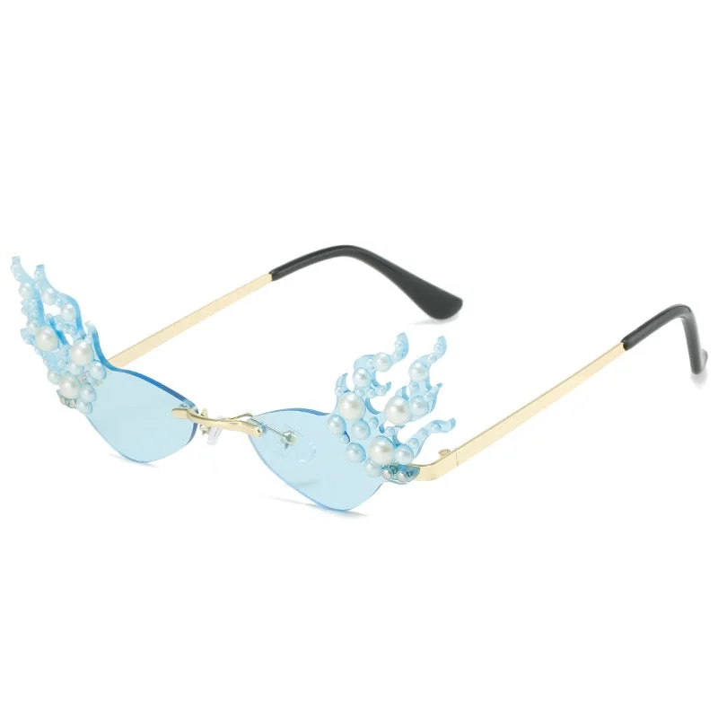 Women's Punk Rimless Fire Pearl Decor UV400 Frameless Sunglasses