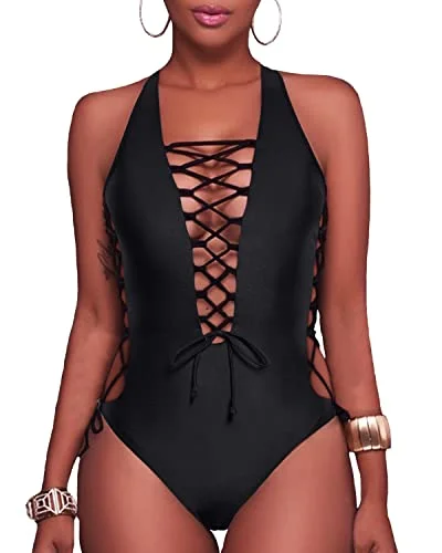 High Cut Legs Cross Back Bathing Suits-Black