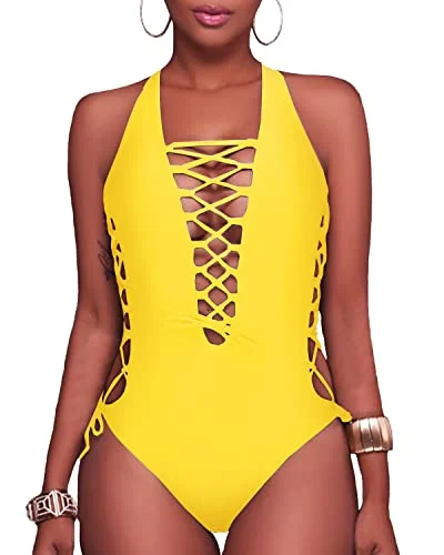 Sexy Strappy One Piece Swimsuit For Curvy Women-Neon Yellow