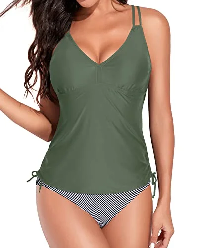 V Neck Two Piece Tankini Swimsuits Tummy Control Bathing Suits-Army Green