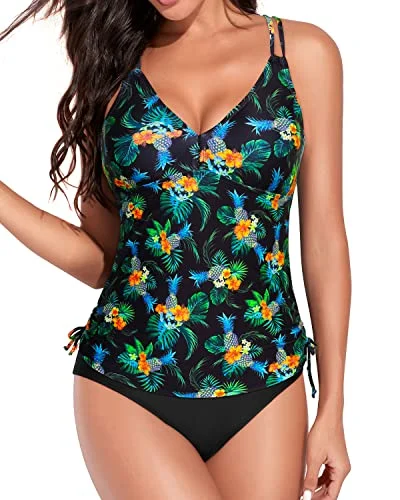 Criss Cross V Neck Tankini Swimsuits For Women-Black Pineapple