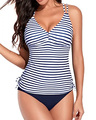 Adjustable Criss Cross Shoulder Straps Tankini Swimsuits-Blue White Stripe