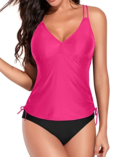 Criss Cross Shoulder Straps Tankini Swimsuits For Women-Neon Pink And Black