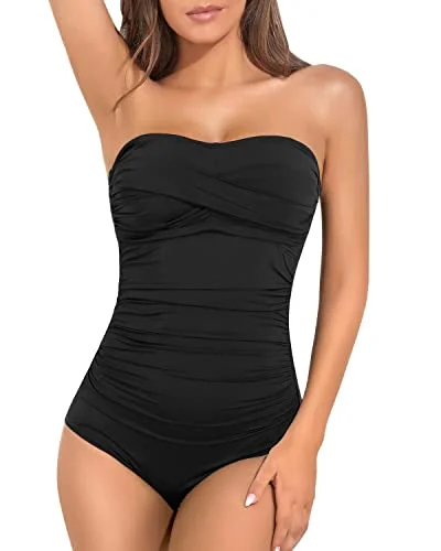 Women's Slimming Twist Front Strapless One Piece Swimsuit-Black